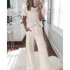 imageCHICME 2025 Womens 2 Piece Outfits Contrast Lace Short Sleeve Top and Drawstring Ribknit Pants Set Casual Lounge SetApricot