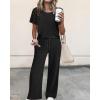 imageCHICME 2025 Womens 2 Piece Outfits Contrast Lace Short Sleeve Top and Drawstring Ribknit Pants Set Casual Lounge SetBlack