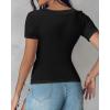 imageCHICME Women Builtin Bra T Shirt Top Short Sleeve Square Neck Basic Tees Casual Ribbed Knit Fitted Going Out TopsAblack