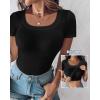 imageCHICME Women Builtin Bra T Shirt Top Short Sleeve Square Neck Basic Tees Casual Ribbed Knit Fitted Going Out TopsAblack