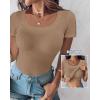 imageCHICME Women Builtin Bra T Shirt Top Short Sleeve Square Neck Basic Tees Casual Ribbed Knit Fitted Going Out TopsKhaki