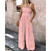 imageCHICME Womens Casual Loose Overalls Jumpsuits Floral One Piece Square Neck Shirred Pants with PocketsEmbroiderypink