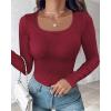 imageCHICME Womens Fall Long Sleeve Square Neck 2025 T Shirts with Builtin Shelf Bra Ribbed Knit Slim Fit Casual Basic TopsRed