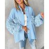 imageCHICME Womens Jacket 2025 Sequin Patchwork Long Sleeve Jacket Top Button Front Oversized Denim ShacketSky Blue