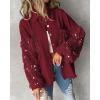 imageCHICME Womens Jacket 2025 Sequin Patchwork Long Sleeve Jacket Top Button Front Oversized Denim ShacketWine Red