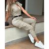 imageCHICME Womens Short Sleeve Jumpsuit 2025 Turn Down Collar Casual Zip Up Jumpsuits Pocket Design Cargo RomperAkhaki