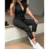imageCHICME Womens Short Sleeve Jumpsuit 2025 Turn Down Collar Casual Zip Up Jumpsuits Pocket Design Cargo RomperBlack