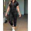 imageCHICME Womens Short Sleeve Jumpsuit 2025 Turn Down Collar Casual Zip Up Jumpsuits Pocket Design Cargo RomperBlack