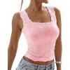 imageCHICME Womens Square Neck Sleevless Wide Strap Flower Lettuce Trim Crop Tank Tops Cute Slim Fit Summer TopR3pcs pinkgreenblue