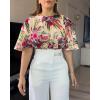 imageCHICME Womens Summer 2 Piece Outfit 2025 Bell Sleeves Floral Blouse with High Waist Pants Set Party OutfitsYellow