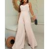 imageCHICME Womens V Neck Spaghetti Strap Jumpsuits Wide Leg Pleated Pants Summer Cami OverallsApricot