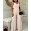 imageCHICME Womens V Neck Spaghetti Strap Jumpsuits Wide Leg Pleated Pants Summer Cami OverallsApricot