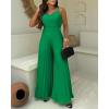 imageCHICME Womens V Neck Spaghetti Strap Jumpsuits Wide Leg Pleated Pants Summer Cami OverallsGreen
