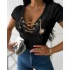 imageWomens Sexy Criss Cross Chain Decor VNeck TShirt Sexy Lace Up Short Sleeve Top Slim Fit Y2k TeeBlack