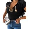 imageWomens Sexy Criss Cross Chain Decor VNeck TShirt Sexy Lace Up Short Sleeve Top Slim Fit Y2k TeeBlack