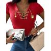 imageWomens Sexy Criss Cross Chain Decor VNeck TShirt Sexy Lace Up Short Sleeve Top Slim Fit Y2k TeeRed