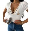 imageWomens Sexy Criss Cross Chain Decor VNeck TShirt Sexy Lace Up Short Sleeve Top Slim Fit Y2k TeeWhite