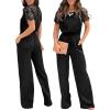 imageCHICME Jumpsuits for Women Dressy Contrast Short Lace Sleeve One Piece Jumpsuit Casual Summer Wide Leg RompersBlack