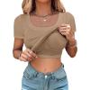 imageCHICME Women Builtin Bra T Shirt Top Short Sleeve Square Neck Basic Tees Casual Ribbed Knit Fitted Going Out TopsKhaki