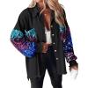 imageCHICME Womens Jacket 2025 Sequin Patchwork Long Sleeve Jacket Top Button Front Oversized Denim ShacketMulticolor