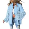 imageCHICME Womens Jacket 2025 Sequin Patchwork Long Sleeve Jacket Top Button Front Oversized Denim ShacketSky Blue