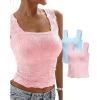 imageCHICME Womens Square Neck Sleevless Wide Strap Flower Lettuce Trim Crop Tank Tops Cute Slim Fit Summer TopB2pcs pinkblue