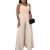 imageCHICME Womens V Neck Spaghetti Strap Jumpsuits Wide Leg Pleated Pants Summer Cami OverallsApricot