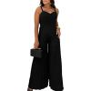 imageCHICME Womens V Neck Spaghetti Strap Jumpsuits Wide Leg Pleated Pants Summer Cami OverallsBlack