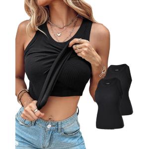 imageCHICME 2 Piece Tank Tops with Built in Bras Athletic Tank Tops for Women Ribbed Tank Top Fitness Workout Running TopsBlack black