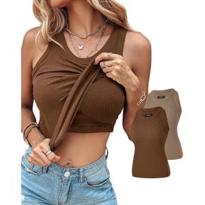 imageCHICME 2 Piece Tank Tops with Built in Bras Athletic Tank Tops for Women Ribbed Tank Top Fitness Workout Running TopsCoffee khaki