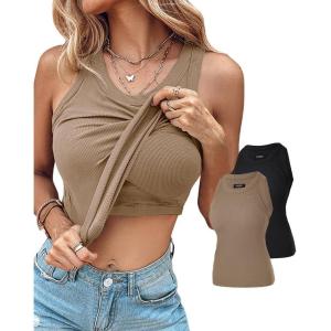 imageCHICME 2 Piece Tank Tops with Built in Bras Athletic Tank Tops for Women Ribbed Tank Top Fitness Workout Running TopsKhaki black