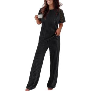 imageCHICME 2025 Womens 2 Piece Outfits Contrast Lace Short Sleeve Top and Drawstring Ribknit Pants Set Casual Lounge SetBlack