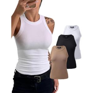 imageCHICME 3 Piece Womens Tank Tops Sleeveless Basic Cami Shirt Slim Knit Ribbed Racerback BlousesA White Khaki Black