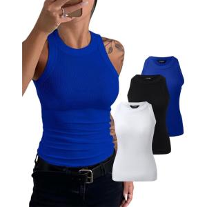 imageCHICME 3 Piece Womens Tank Tops Sleeveless Basic Cami Shirt Slim Knit Ribbed Racerback BlousesBlue Black White