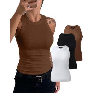 imageCHICME 3 Piece Womens Tank Tops Sleeveless Basic Cami Shirt Slim Knit Ribbed Racerback BlousesCoffee White Black