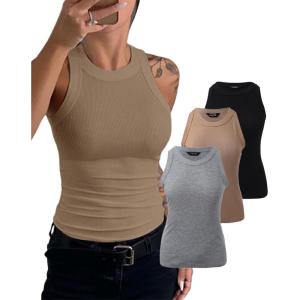 imageCHICME 3 Piece Womens Tank Tops Sleeveless Basic Cami Shirt Slim Knit Ribbed Racerback BlousesKhaki Black Gray