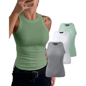 imageCHICME 3 Piece Womens Tank Tops Sleeveless Basic Cami Shirt Slim Knit Ribbed Racerback BlousesLight Green White Gray