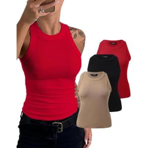 imageCHICME 3 Piece Womens Tank Tops Sleeveless Basic Cami Shirt Slim Knit Ribbed Racerback BlousesRed Black Khaki