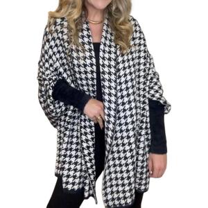 imageCHICME Houndstooth Ponchos for Women 2025 Open Front Knit Sweater Cardigan Batwing Tops Oversized Blanket Scarf Sweater CoatAblackwhite
