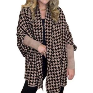 imageCHICME Houndstooth Ponchos for Women 2025 Open Front Knit Sweater Cardigan Batwing Tops Oversized Blanket Scarf Sweater CoatBrown