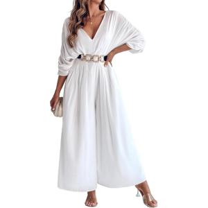 imageCHICME Jumpsuits for Women VNeck Half Sleeve Ruched Jumpsuit 2025 Wide Leg Pants One Piece OverallsAwhite