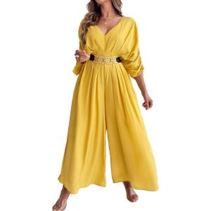 imageCHICME Jumpsuits for Women VNeck Half Sleeve Ruched Jumpsuit 2025 Wide Leg Pants One Piece OverallsCyellow