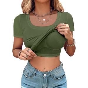 imageCHICME Women Builtin Bra T Shirt Top Short Sleeve Square Neck Basic Tees Casual Ribbed Knit Fitted Going Out TopsBarmy Green