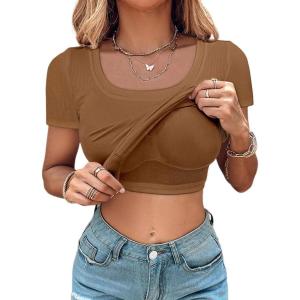 imageCHICME Women Builtin Bra T Shirt Top Short Sleeve Square Neck Basic Tees Casual Ribbed Knit Fitted Going Out TopsLight Coffee