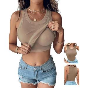 imageCHICME Women Builtin Bra Tank Tops Sleeveless Casual Shirts Racerback Ribbed Fitted Tank TopsKhaki