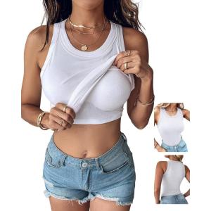 imageCHICME Women Builtin Bra Tank Tops Sleeveless Casual Shirts Racerback Ribbed Fitted Tank TopsWhite