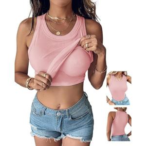 imageCHICME Women Builtin Bra Tank Tops Sleeveless Casual Shirts Racerback Ribbed Fitted Tank TopsYpink