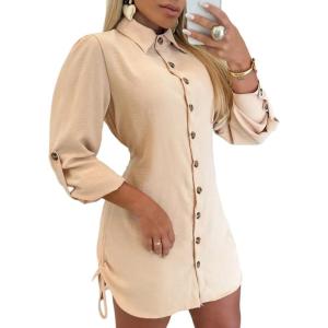 imageCHICME Women Shirt Dress 2025 Long Sleeve Button Down Blouses Side Drawstring Mini DressesApricot