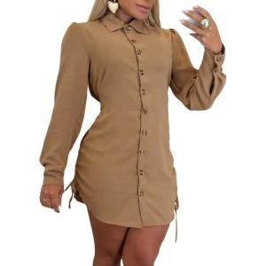 imageCHICME Women Shirt Dress 2025 Long Sleeve Button Down Blouses Side Drawstring Mini DressesBrown