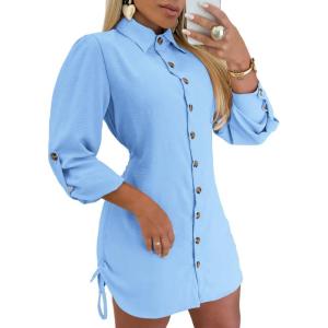 imageCHICME Women Shirt Dress 2025 Long Sleeve Button Down Blouses Side Drawstring Mini DressesDark Blue
